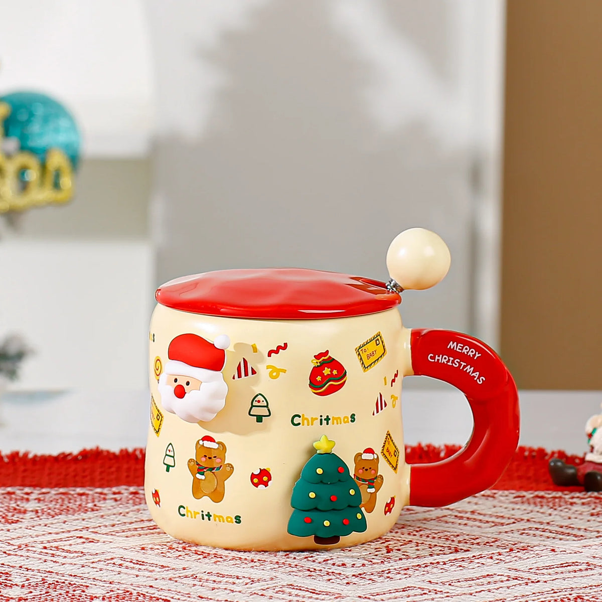 Christmas Themed Mugs Magnetic Attachment Lid Spoon Cute Ceramic Cup Zpaxo 301-400ml A-Bear