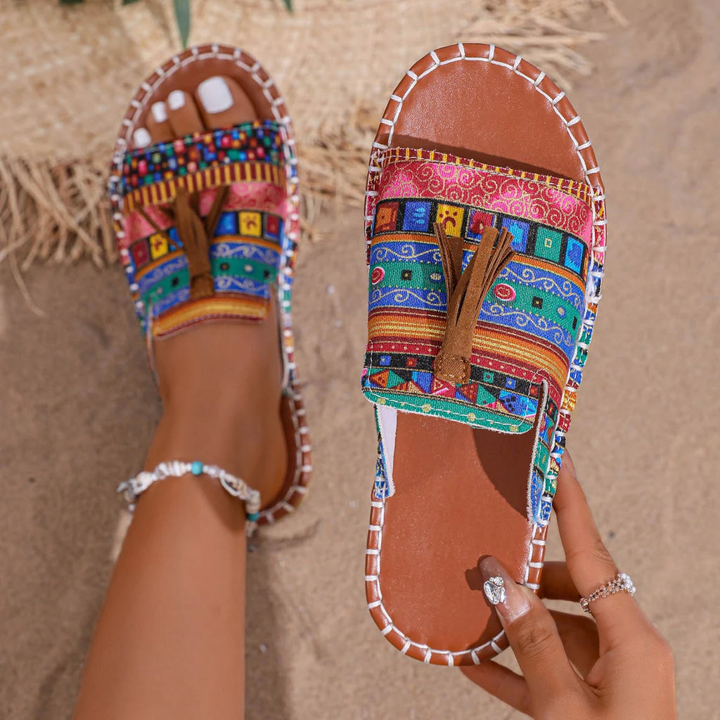 Women Slippers Slip-On Comfortable Sandals Ethnic Stripe Flat Bottom Slippers Anti-Slip Tassel Shoes Women Platform Slides Women Zpaxo