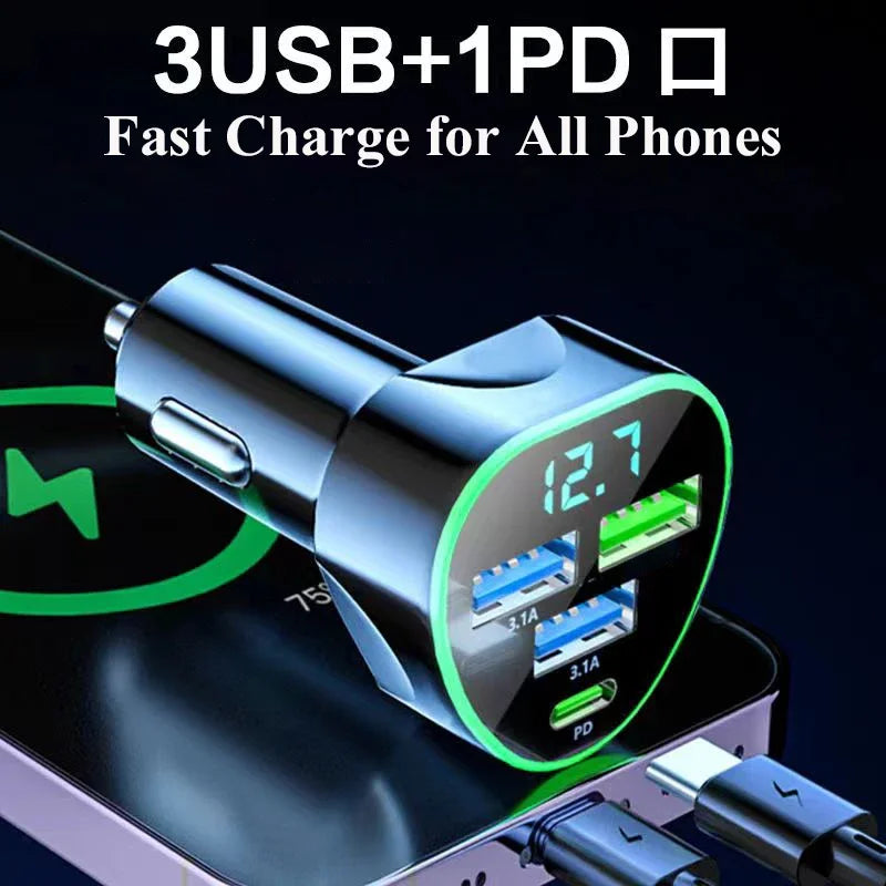 Car Phone Charger USB C Fast Charge LED Voltage Monitor Iphone Zpaxo