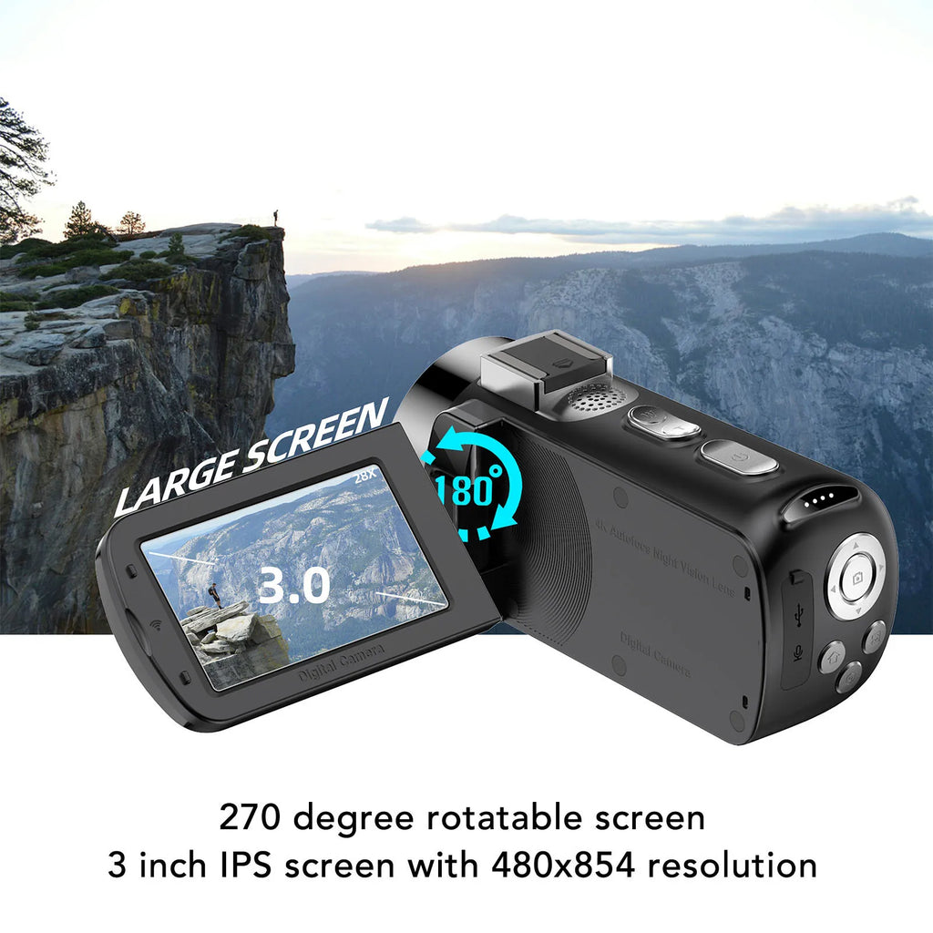 Digital Video Camera 28X Zoom Screen Auto Focus 4K 64MP HD LED White
