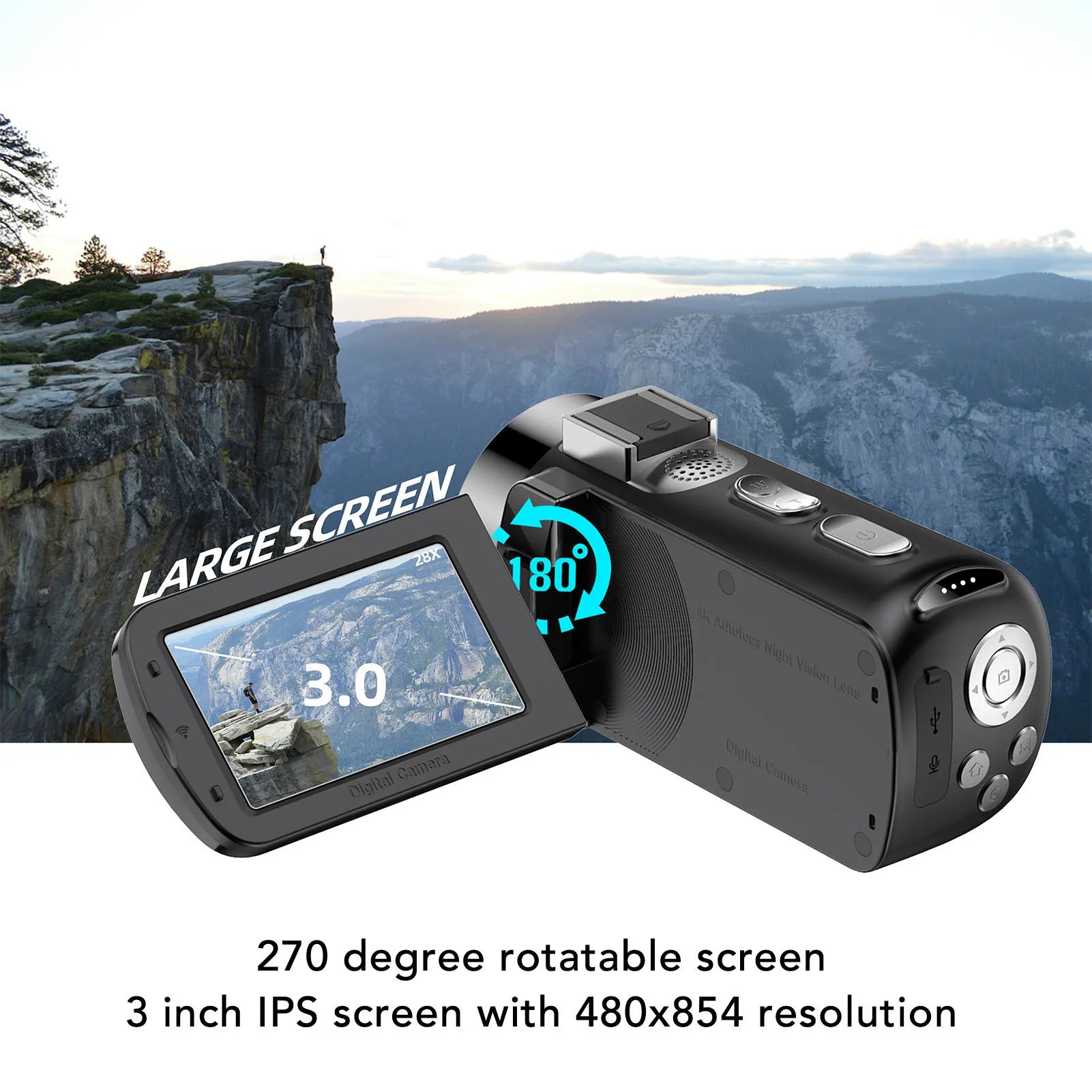 Digital Video Camera 28X Zoom Screen Auto Focus 4K 64MP HD LED White