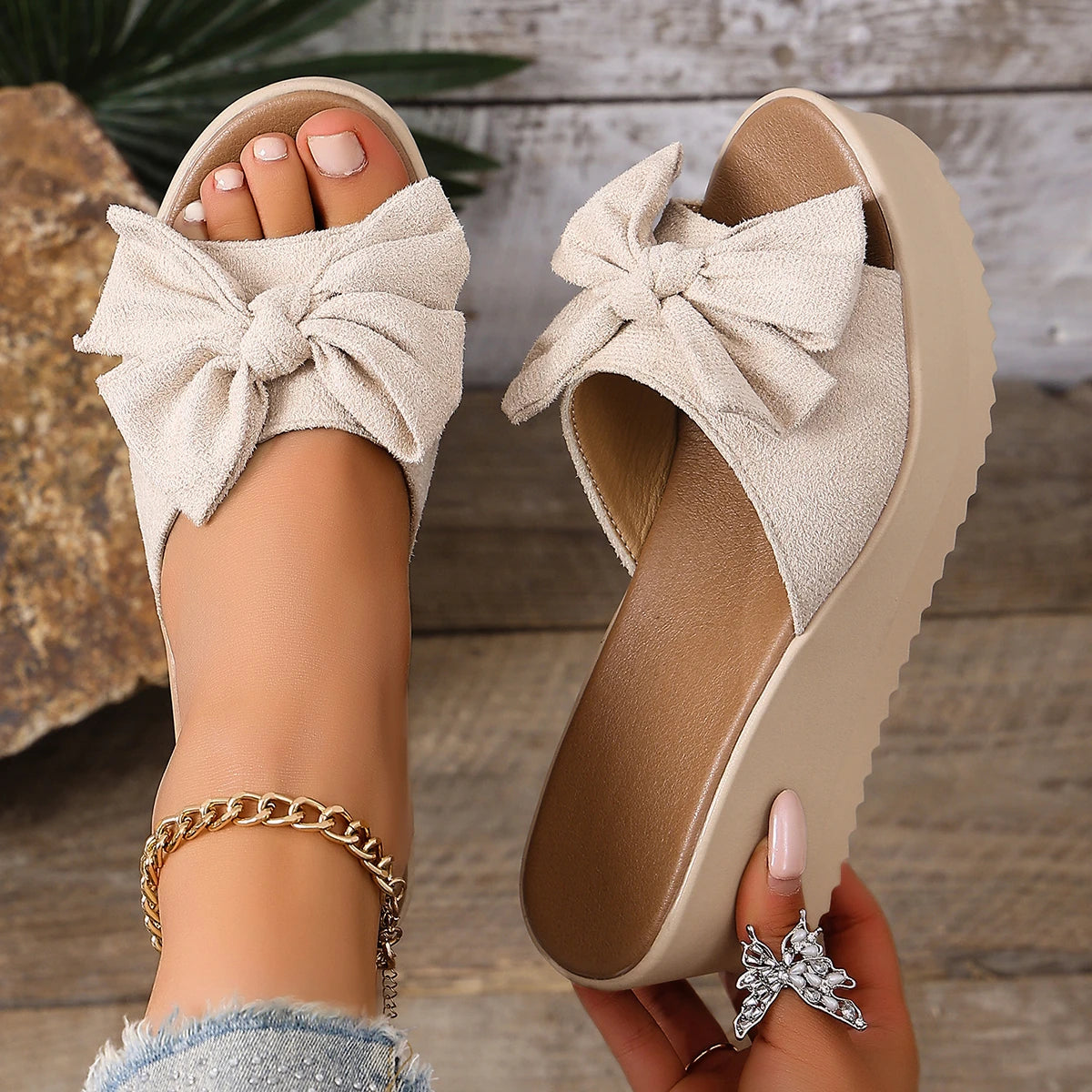 Women Sandals 2026 Thick Bottom Flat Butterfly Knot Beach Shoes Zpaxo Beige 43