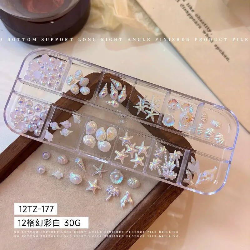 Mixed Summer Aurora Shell Nail Rhinestone Ocean Theme Starfish Coconut Tree Resin Nail Charm Decoration DIY Manicure Accessories Zpaxo A-12 Grids