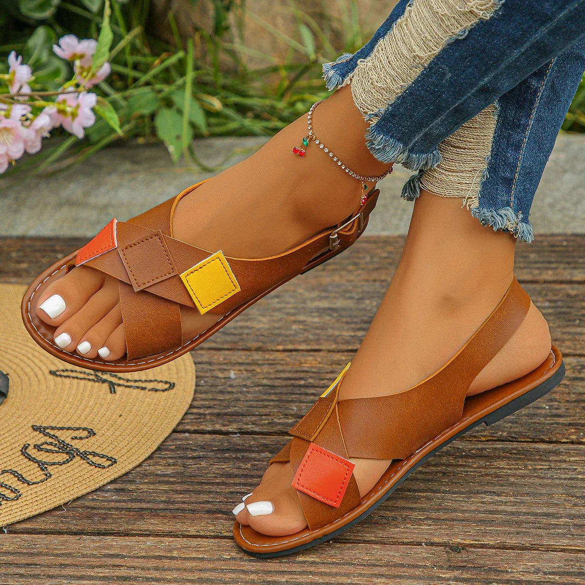 Women Sandals Summer Cross Band Open Toe Beach Shoes Large Flat Zpaxo