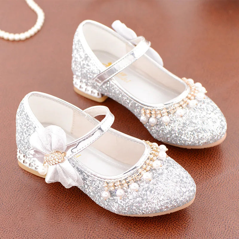Princess Kids Heels Shoes Dress Party Leather Baby Girls Children's Zpaxo Silver 29(Insole18.5cm) China Mainland