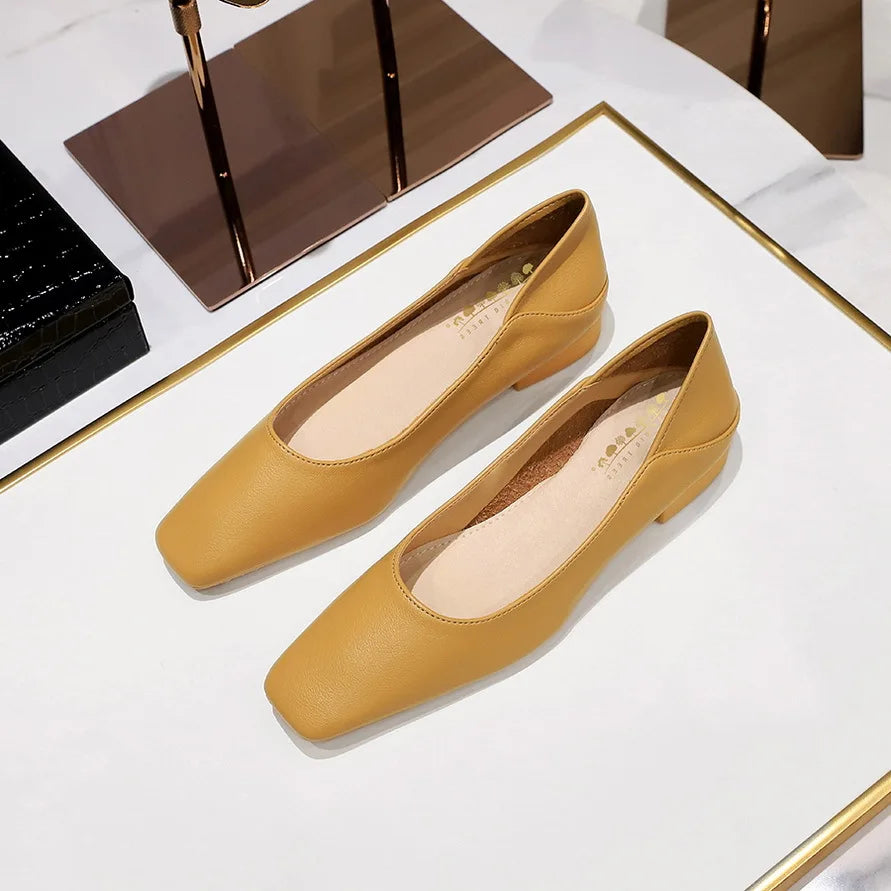 Flat Shoes for Women 2025 Spring Autumn Leisure Work Shoes Retro Fashion Flat Heel Women's Shoes Square Toe Ladies loafers Zpaxo yellow 41