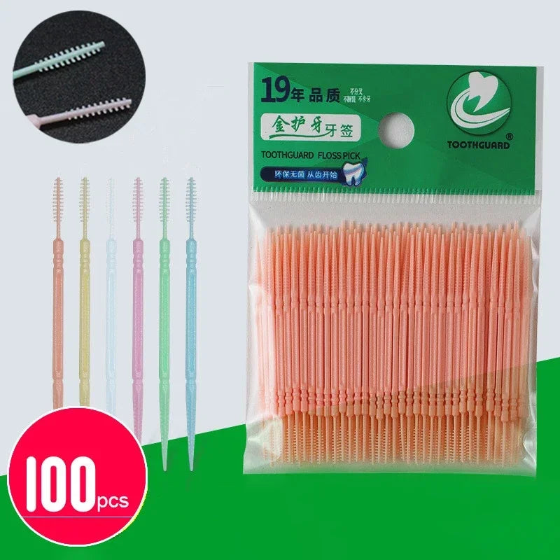 100pcs/box Double Head Dental Floss Interdental Toothpick Brush Brush Teeth Stick Dental Oral Care Toothpicks Floss Pick Zpaxo