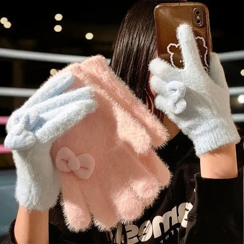Charming Plush Gloves Bow Detailing Keep Warm Winter Stylish Women Zpaxo