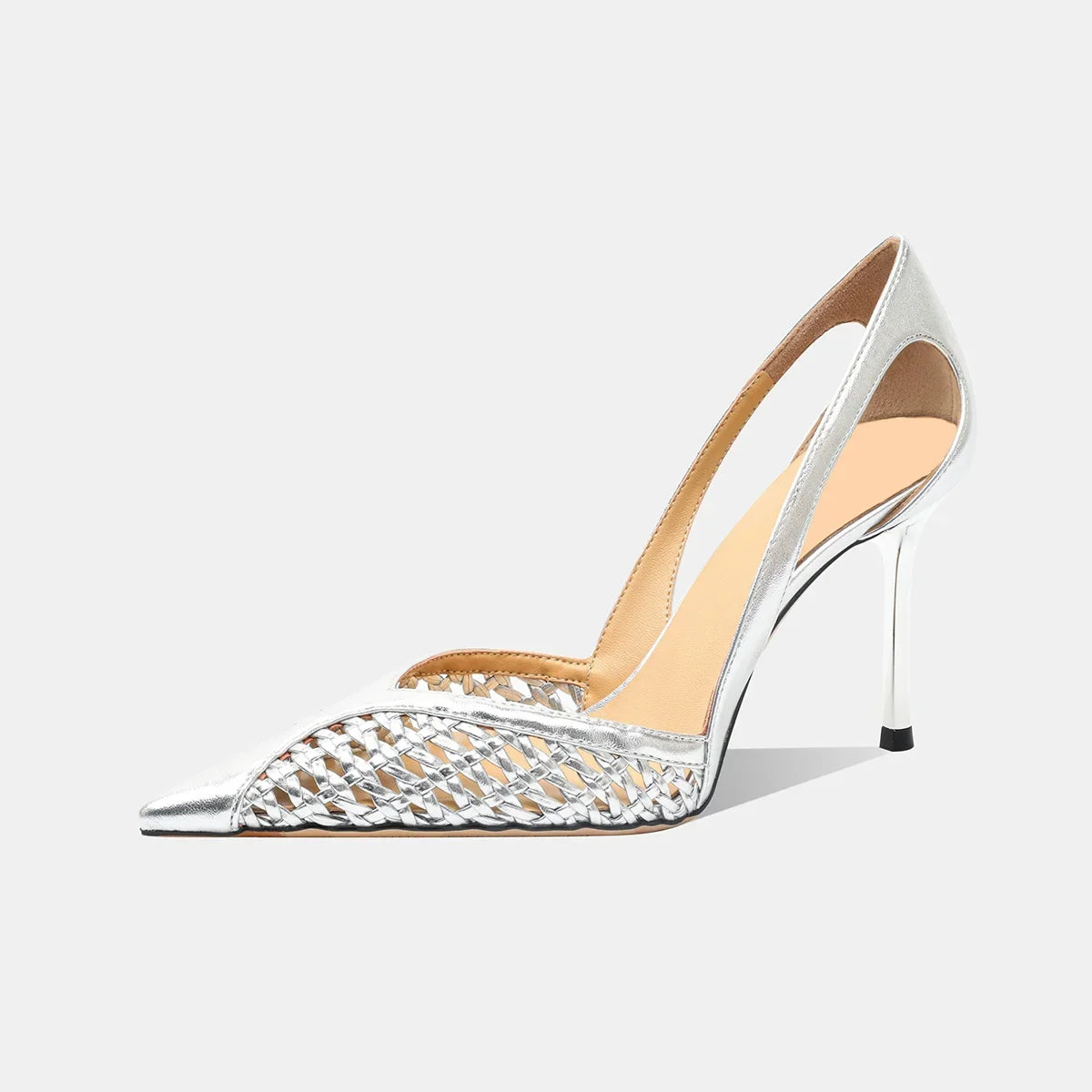 Women Pumps Fashion Hollow Weaving Shoes Pointed Tip Heels Stiletto Zpaxo Silver 34
