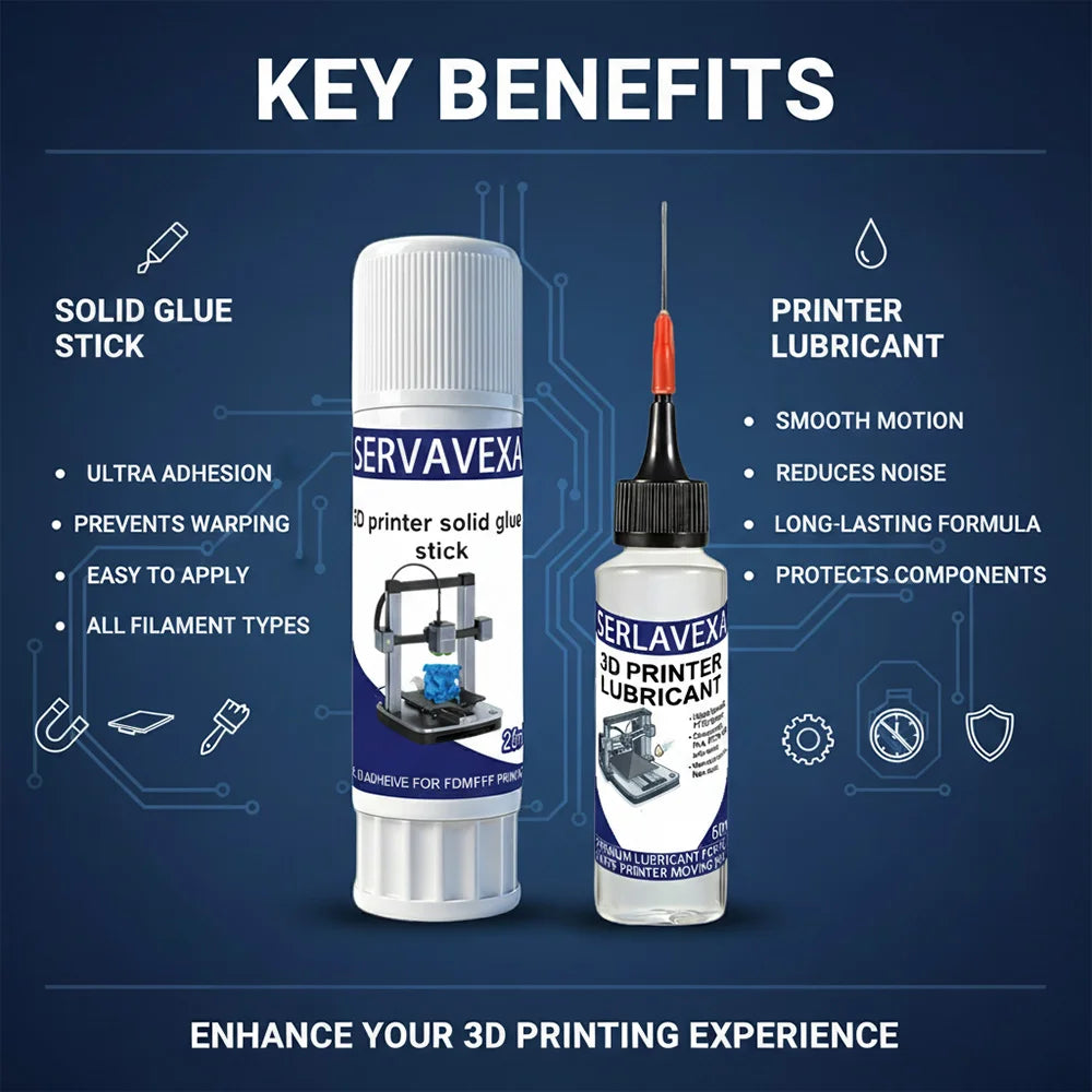 3D Printer Maintenance Kit: Washable Bed Adhesion Glue Stick & PTFE Lubricating Oil. Anti-Warp & Noise Reduction Accessories. Zpaxo