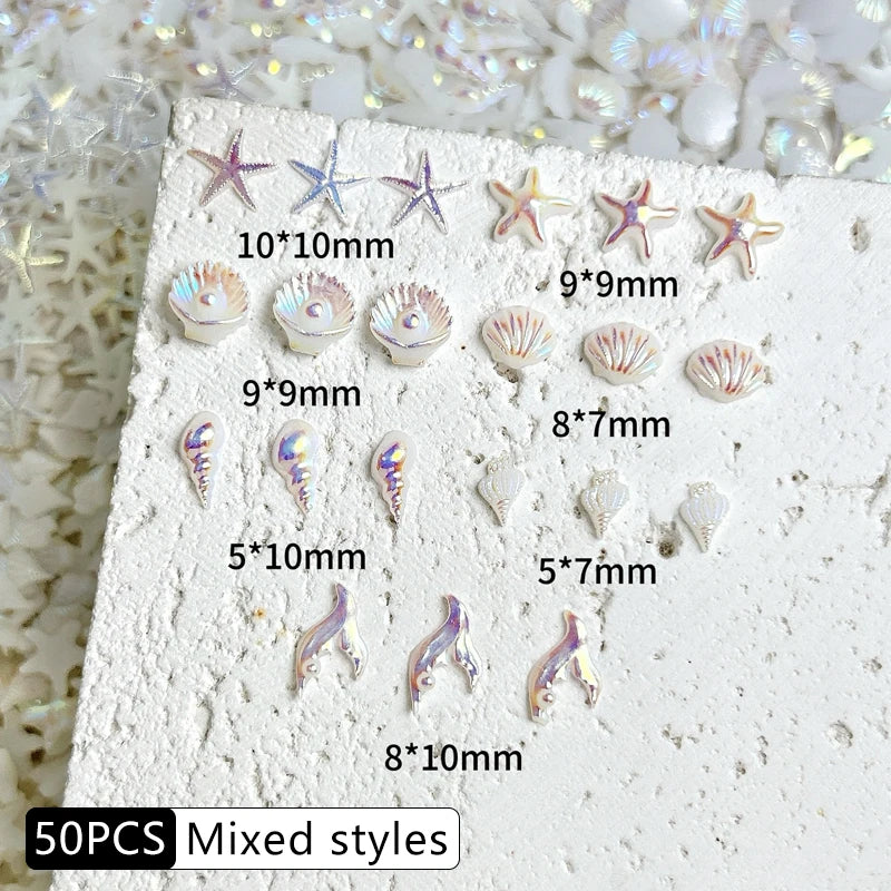 30PCS 3D Ocean Series Resin Nail Charms Summer Nail Rhinestones Creative Starfish Shell Nail Art Decorations for DIY Manicure Zpaxo White mixing-50pcs