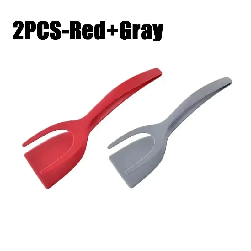 2-in-1 Egg Spatula Tongs Cooking Utensils Kitchen Accessories Pancake Cooking Machine Flip Pliers Nylon Clip Gadget Tools Zpaxo 2PCS-Gray-Red