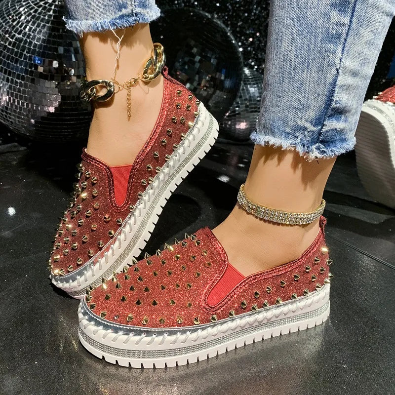 Lazy Seal Bling Women Flats Shoes Lovers Rivets PU Leather Loafers Zpaxo