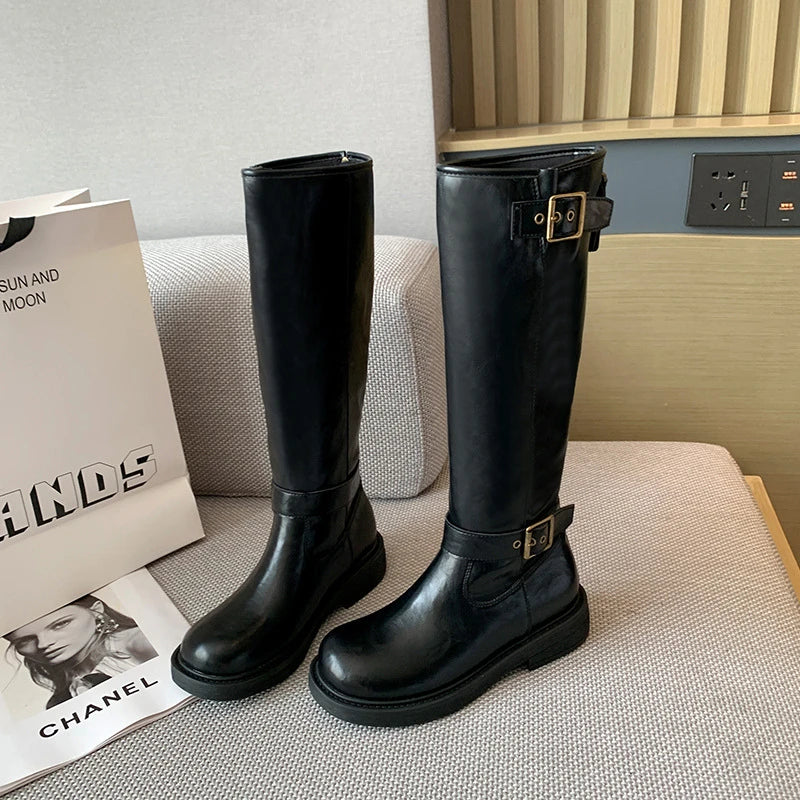Womens Black Leather Square Toe Knee Boots Buckle Straps Chunky Zpaxo Black Middle Tube 39 China Mainland