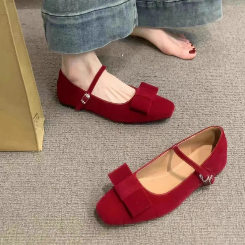 Flat Shoes for Women Spring Autumn 2025 New Velvet Mary Jane Shoes Bow Tie Square Toe Ballet Plus Size 43 44 Women's Shoes Zpaxo