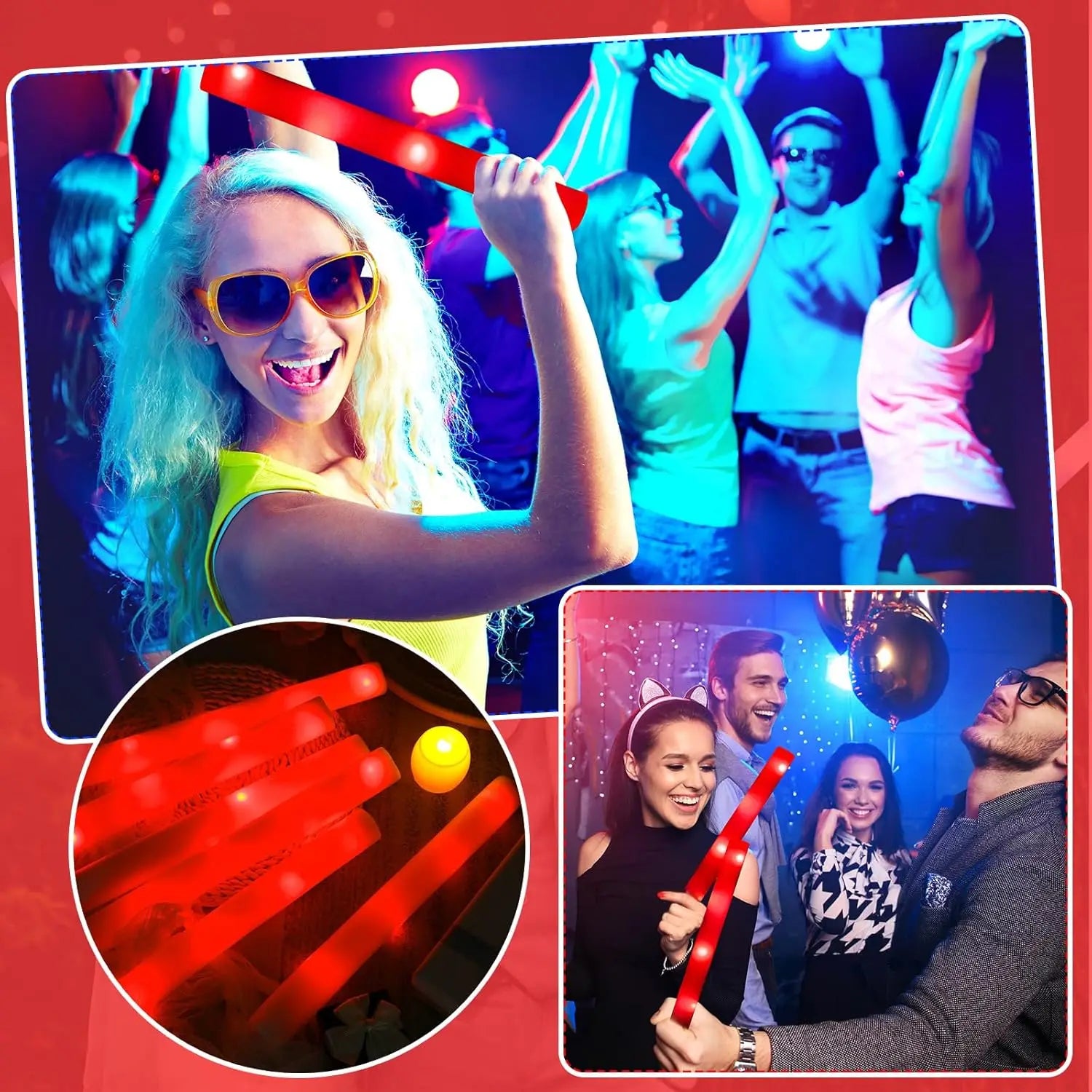 20 LED Glow Cheer Sticks Red Light Up Foam Stick Wedding Wand Dark