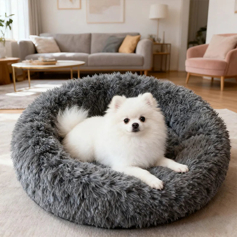 Round Pet Bed Soft Long Plush Winter Warm Sleeping Nest Large Medium