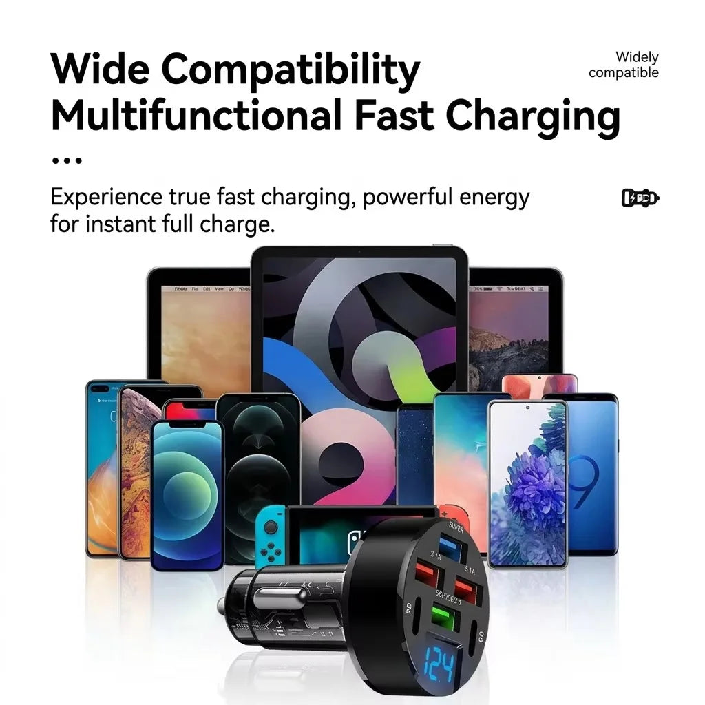 6 Port USB C Car Charger Real-time Voltage Display Multi 12V 24V Fast Zpaxo