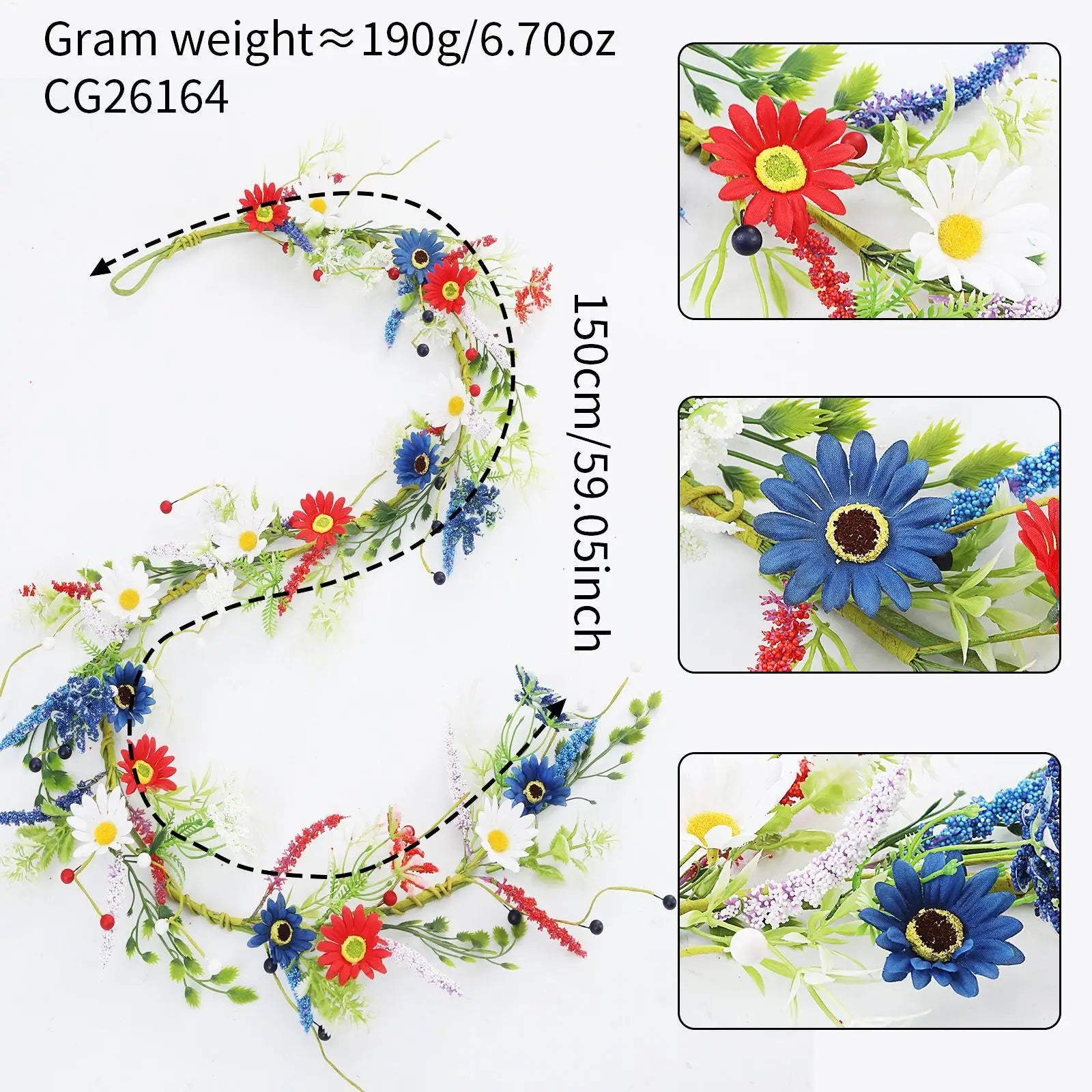4th July Wreath 4 9Ft Red White Blue Daisy Garland Patriotic Decor