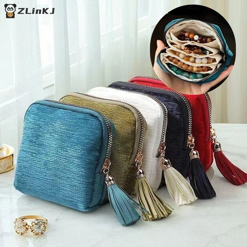 ▶1Pcs Soft Velvet Jewelry Pouch Multiple Inner Compartments Tassel Zipper For Travel Daily Use Storing Rings Earrings Necklaces Zpaxo