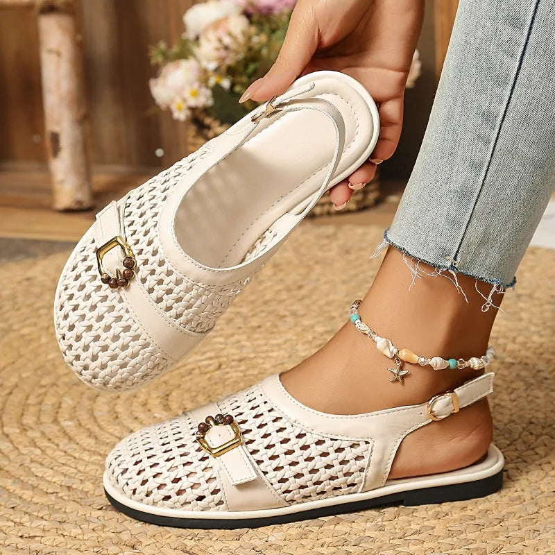 Summer Women's Selling Roman Solid Handwoven Flat Sandals Hollow Zpaxo Beige 41