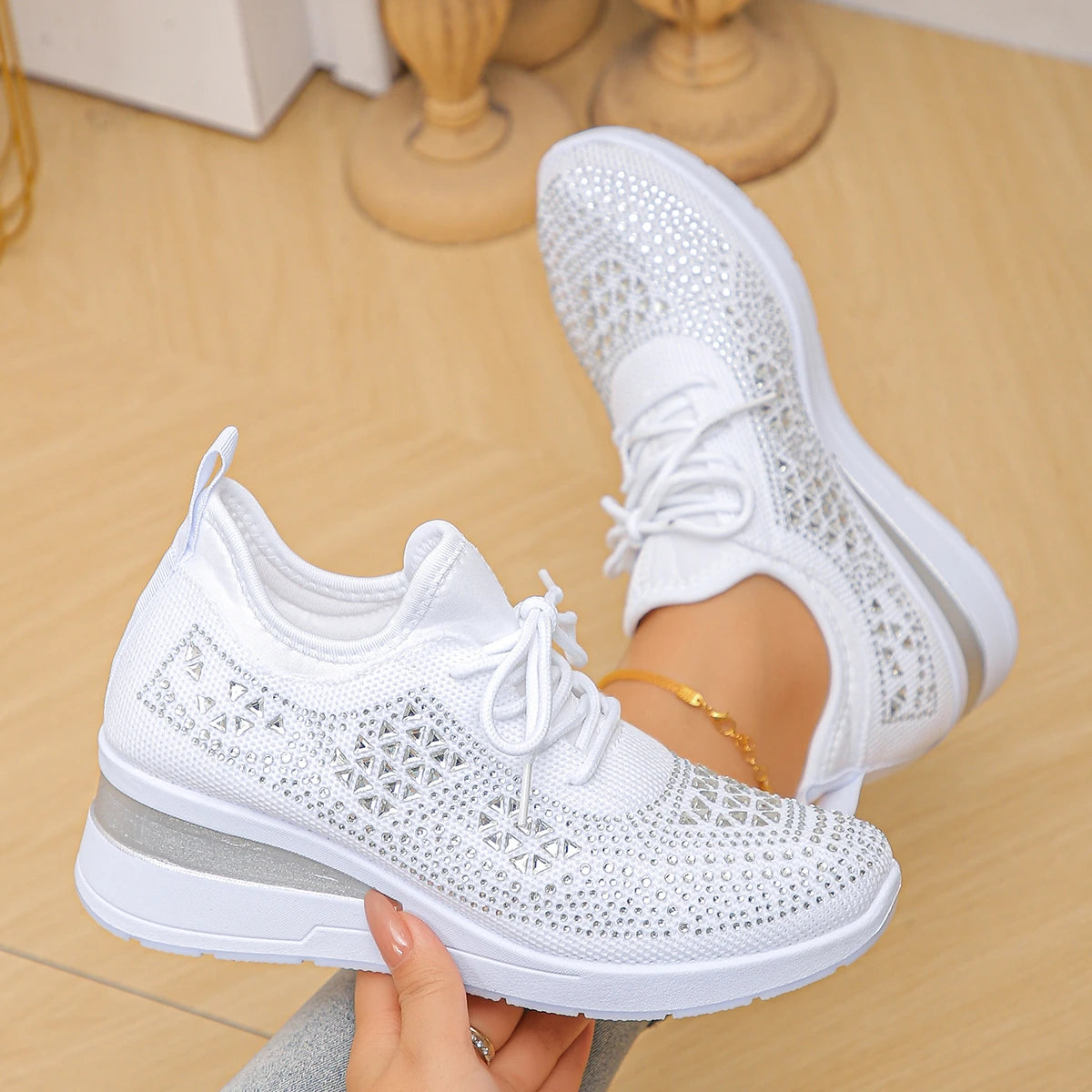 Women's Shiny Rhinestone Wedge Sneakers Breathable Knit Non Slip Zpaxo 41 image color 5