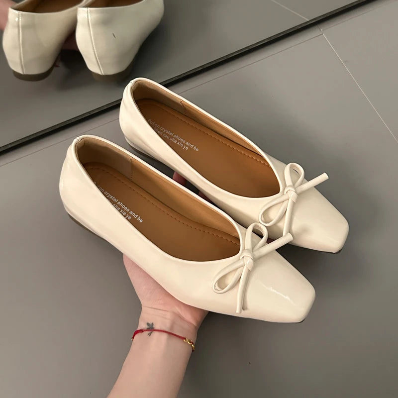 Bowtie Flat Shoes Women Ballerinas Square Toe Slip Ballet Flats Lazy