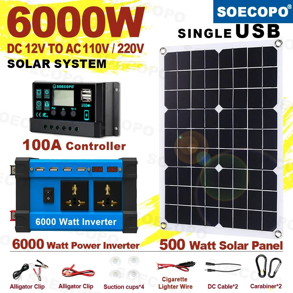 6000W Solar System Complete 12V 110V 220V 100A Controller 500W Panel