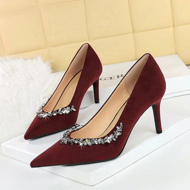 Pointed Toe Suede Heels Rhinestone Shallow Mouth Thin Single Shoes Zpaxo
