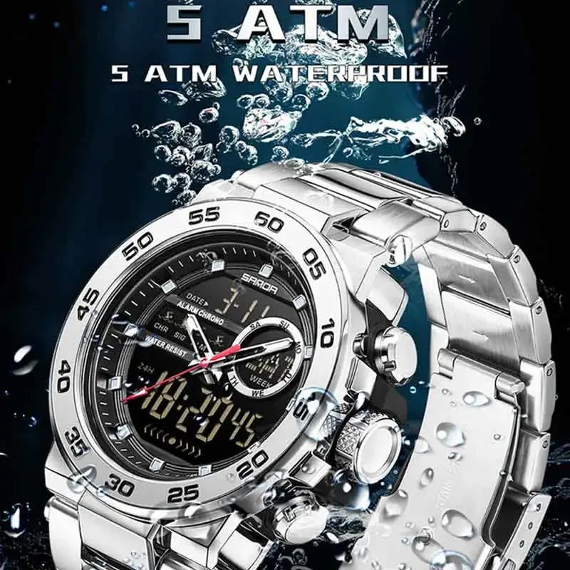 SANDA Fashion Men's Electronic Watches Sports Multifunctional Waterproof Large Dial Three Pin Double Display Men's Wristwatches Zpaxo