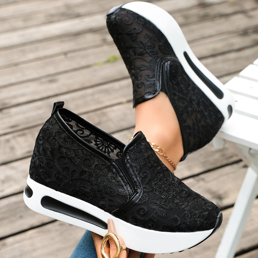 Women Sneakers Embroidery Platform Loafers Comfortable Trend Plus Size Women Shoes Mesh Lace Flats Slip on Wedge Female Shoes Zpaxo black 42