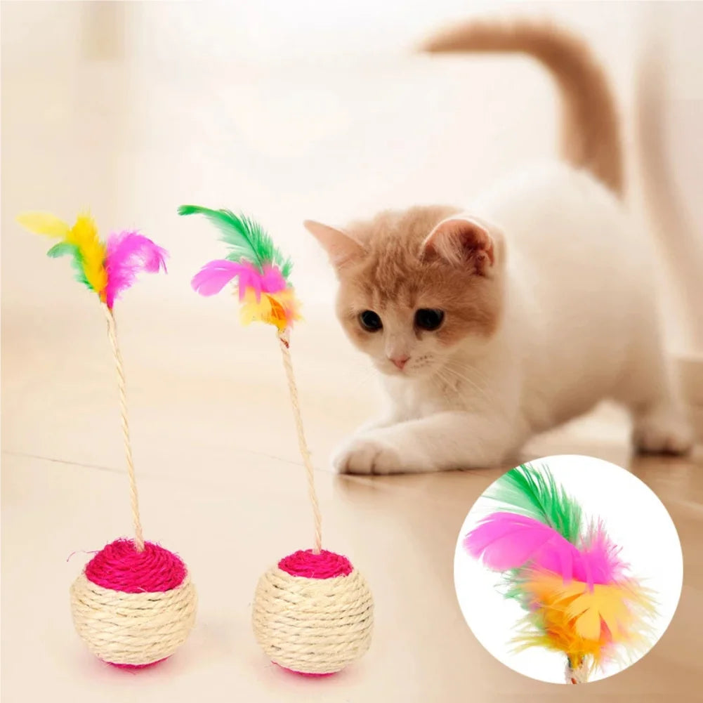 1PC Pet Cat Toy Colorful Feather Blanket Ball Grinding Claw Interactive Play Ball Cat Toy Sisal Shuttlecock Ball Zpaxo
