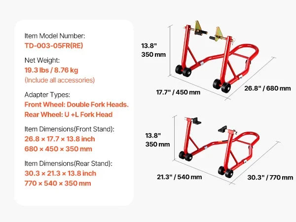 Motorcycle Stand 850lbs Heavy Duty Front Rear Combo Stand Front Wheel Dual-Fork Stand Rear U+L Fork Swingarm Spool Stand Zpaxo RED U L Type