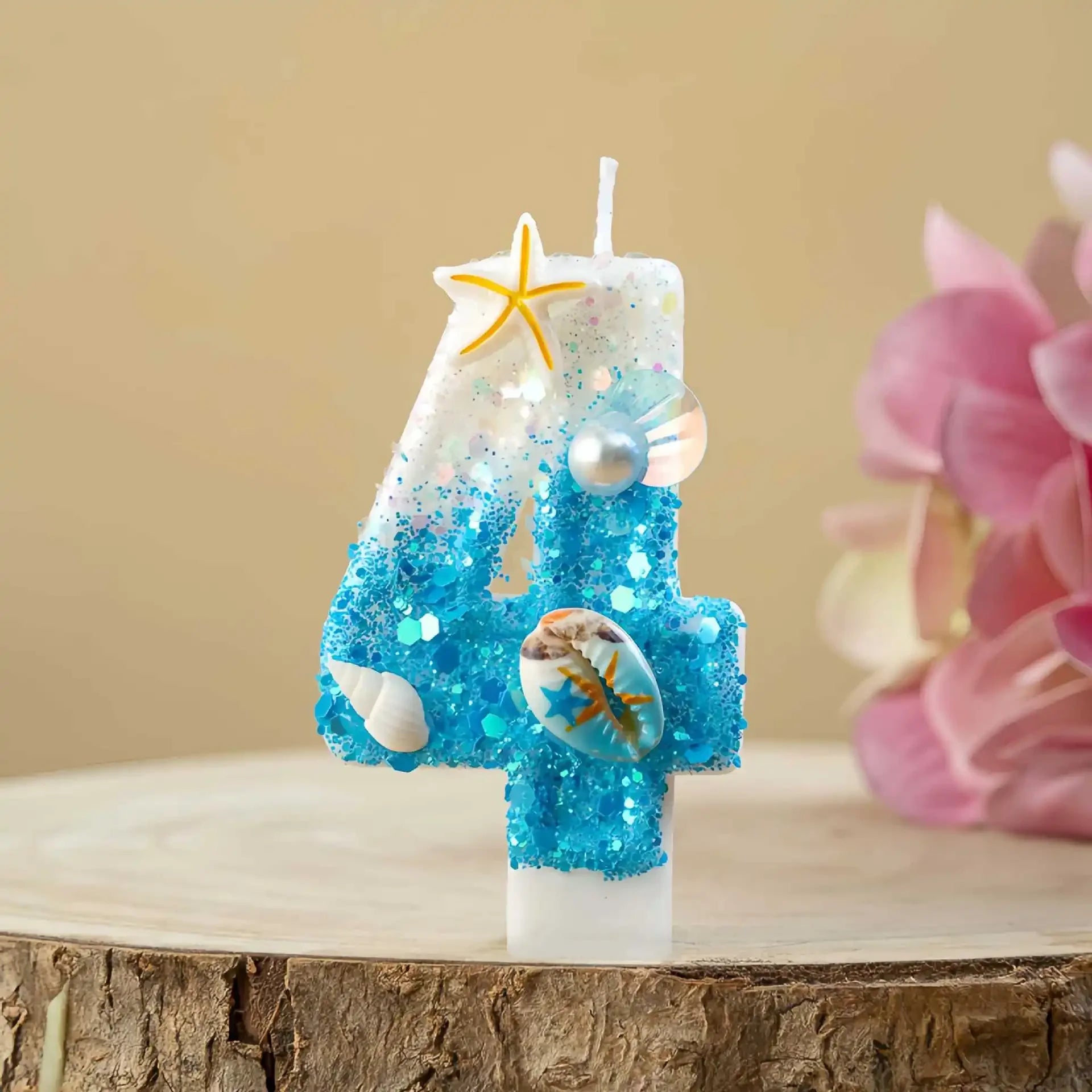 Ocean-themed Blue White Glitter Number Birthday Candles Seashell Zpaxo number 4 B15040E