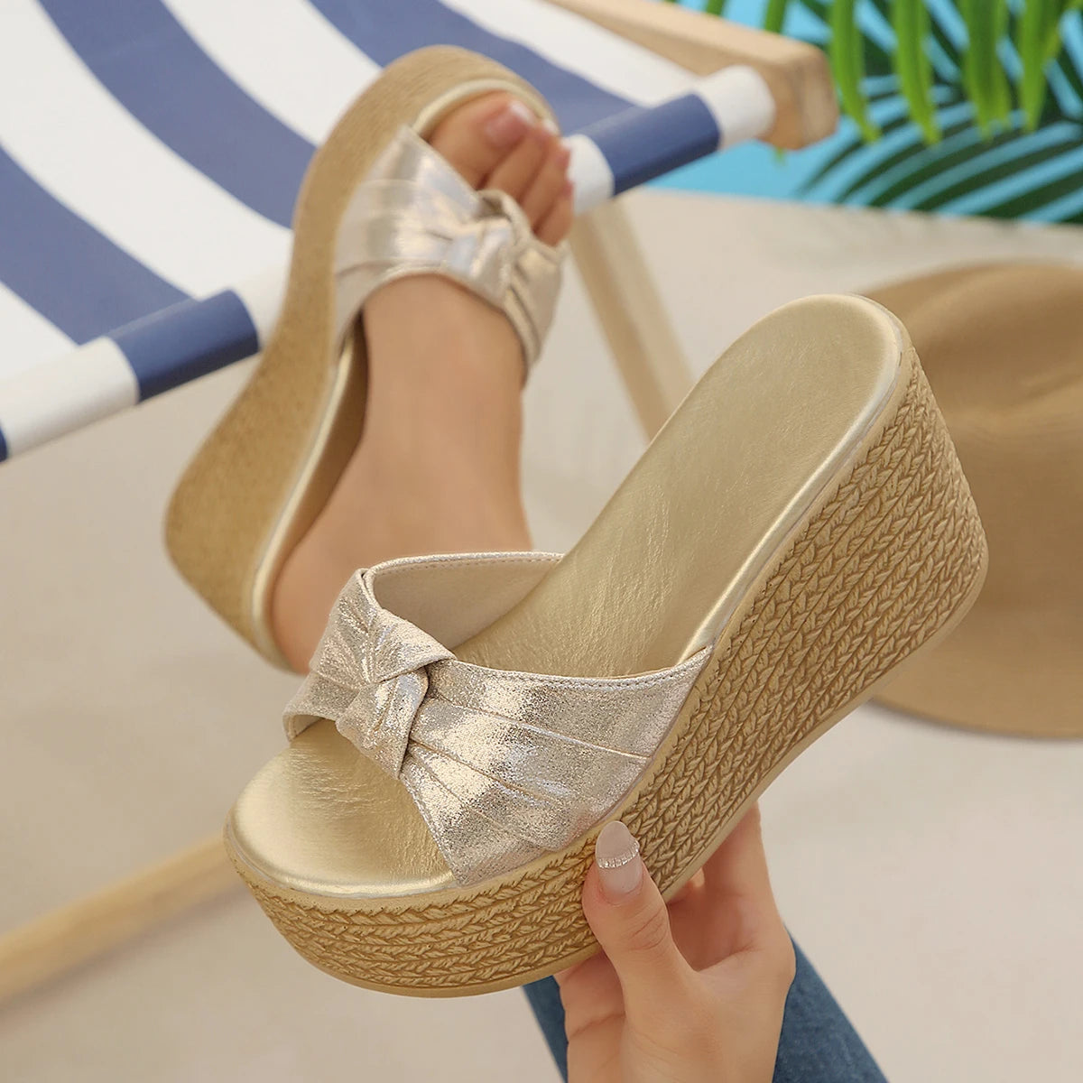 2026 New Women Wedge Sandals Trend Platform High Heels Shoes Comfortable Summer Beach Shoes Women Casual Walking Sandals Women Zpaxo Gold 42