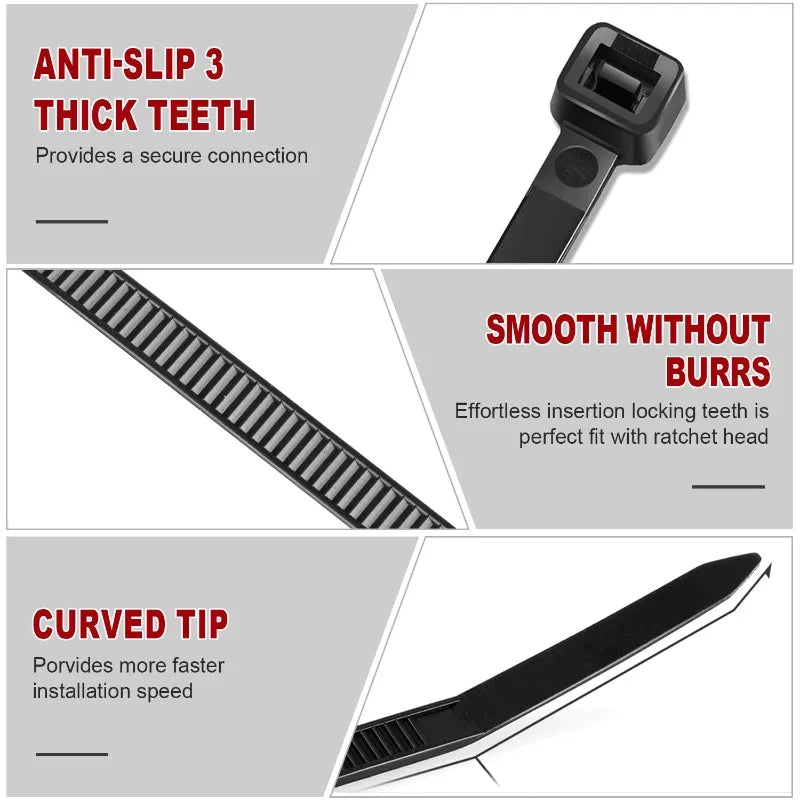 Black Cable Ties Heavy Duty Zip Ties Fastening Ring Self-locking Plastic Nylon Cable Tie Zip for Home Offices Industrial Zpaxo