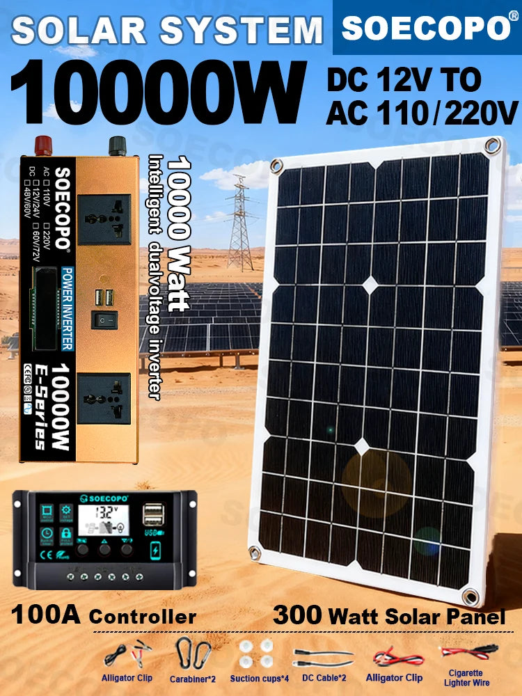 Off-Grid Solar Kit 10000W Powerful Inverter + 500W Solar Panels + 100A Controller DC 12V24V - AC 110V/220V Inverter Zpaxo