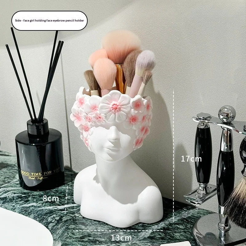 Nordic Face Girl Makeup Brush Holder – Resin Desk Organizer Makeup Brush Holder Zpaxo