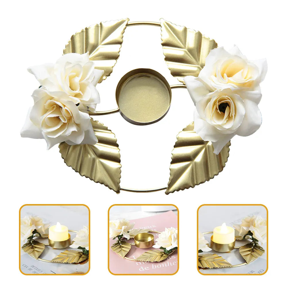 Wreath Holder Realistic Rose Design Metal Golden Table Centerpiece