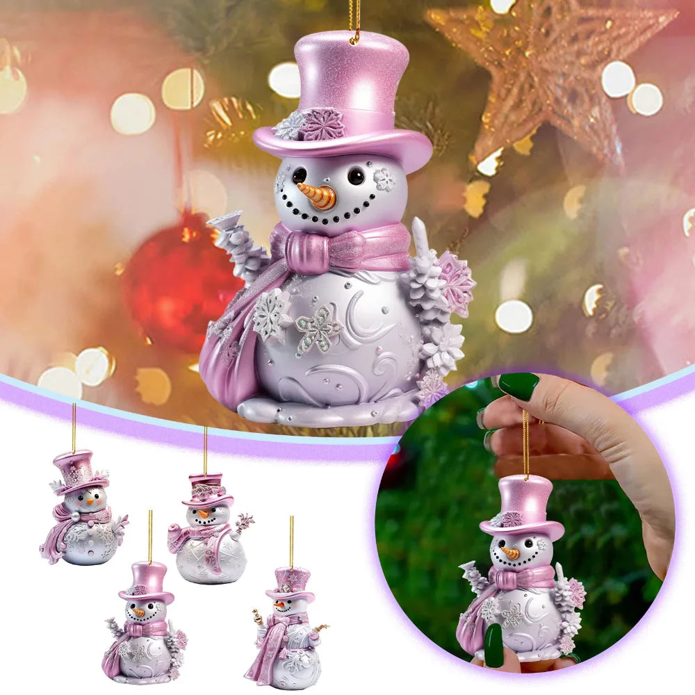 Pink Snowman Acrylic Christmas Ornament – 8cm Tree Pendant