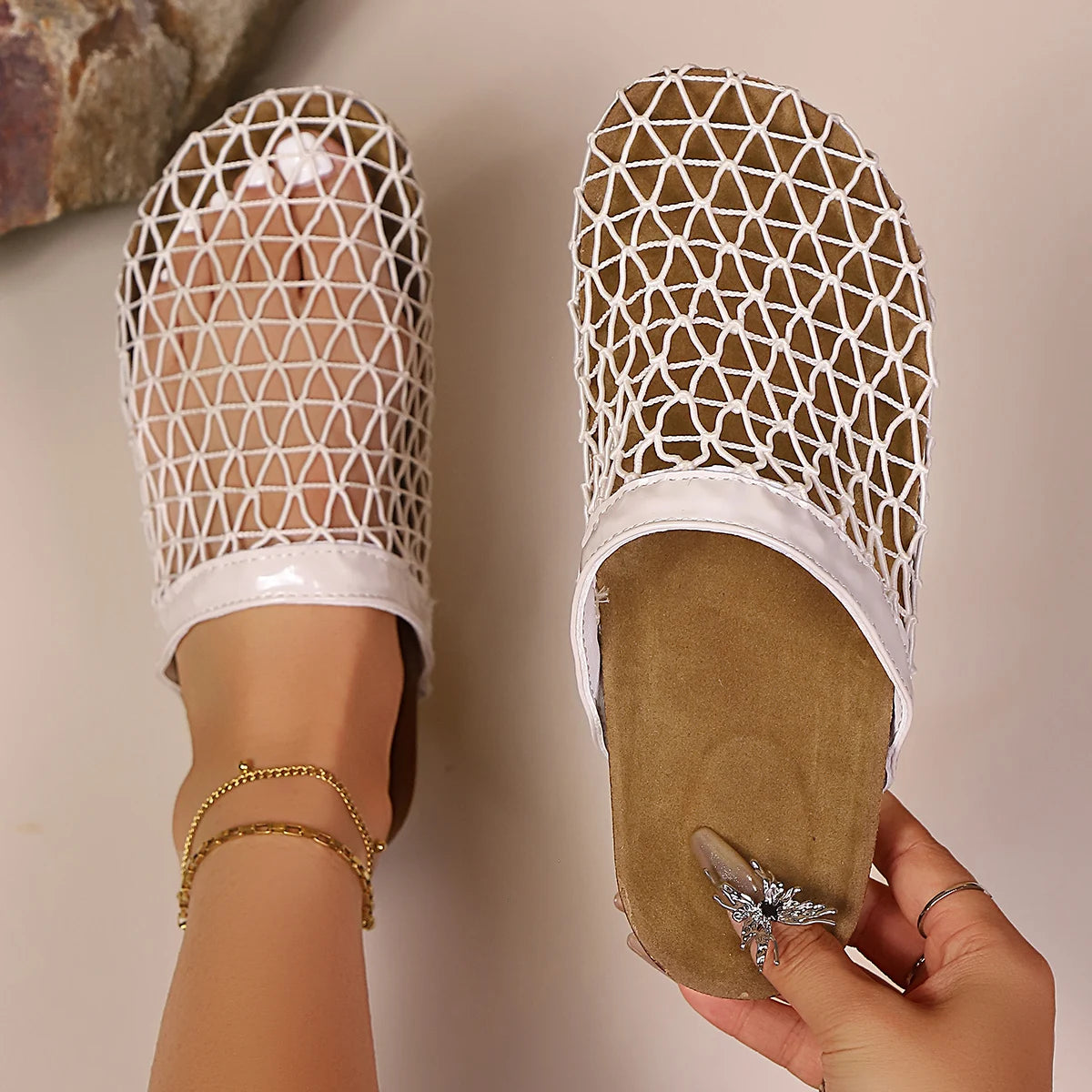 Women Slippers Rubber Sole Slides Fashionable Hollow Out Net Sandals Zpaxo Beige 42
