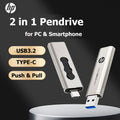 100% Original HP OTG Type C USB3.2 USB Flash Drive Pendrive 256GB 128GB 64GB 2 in 1 U-disk for Laptop PC Media player Cellphone Zpaxo Silver 256GB