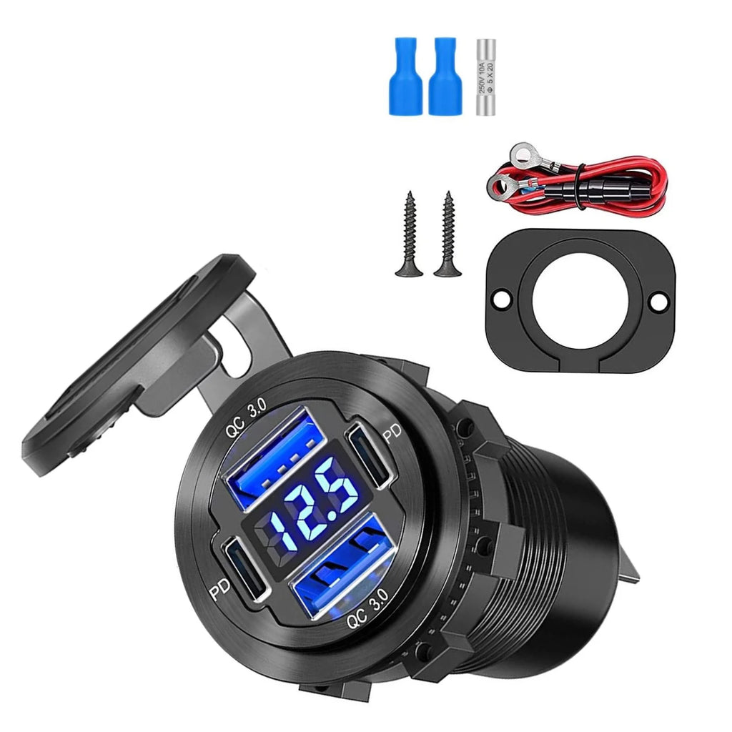 4 Ports Dual PD Port QC 3 0 USB Car Charger Voltmeter Socket Power
