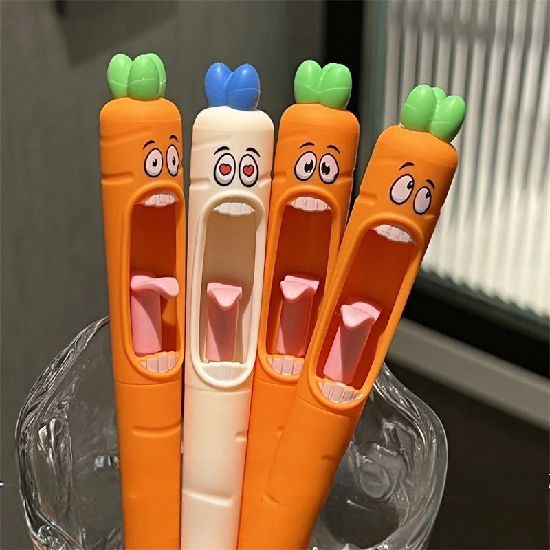 4pcs Cute Cartoon Kawaii Pens Carrot Shaped Gel Pen Design Retractable Tongue Refill Black Ink Pen Office School Stationery Gift Zpaxo