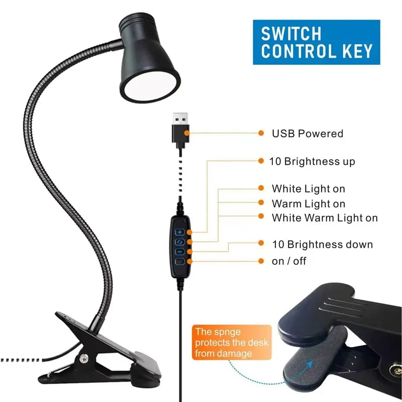 POCKETMAN Dimmable LED Clip Desk Lamp – 3 Colors, USB
