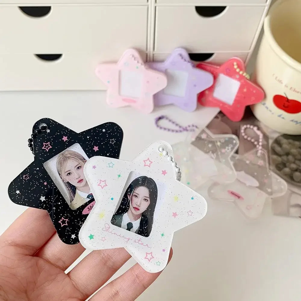 Portable Glitter Star Acrylic Photocard Holder Keychain 1-Inch ID Card Case Student Kpop Idol Photo Bag Durable Card Storage Zpaxo