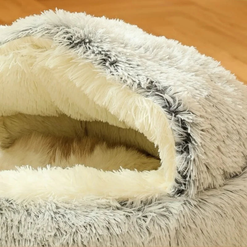 Fluffy Hooded Round Cat Bed Anti- Cave Anti-slip Bottom Machine