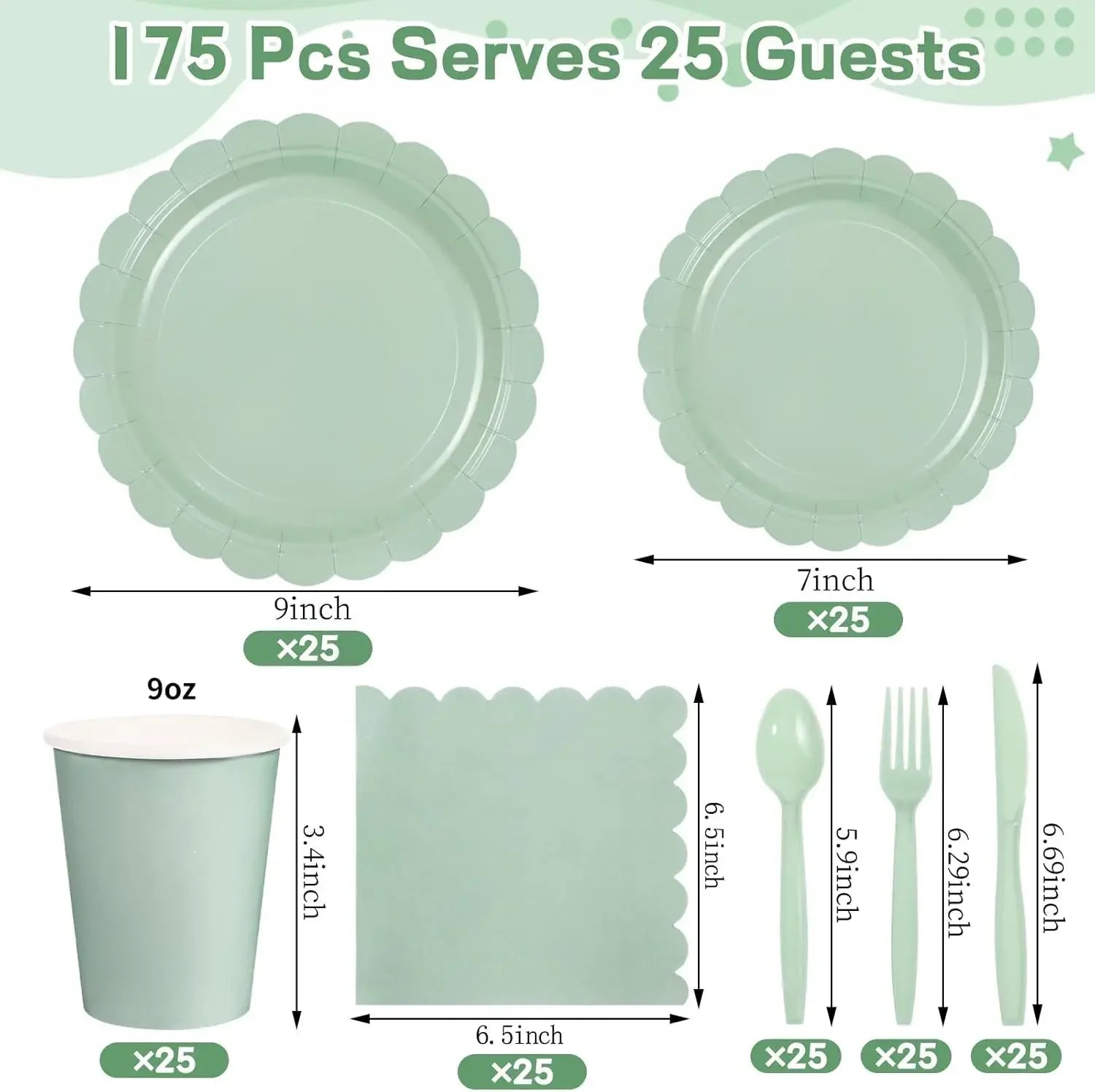 2025 New 175 PCS Lace Disposable Paper Plate Paper Cup Party Supplies Set Disposable Dining Plate for 25 People Zpaxo Grey Green
