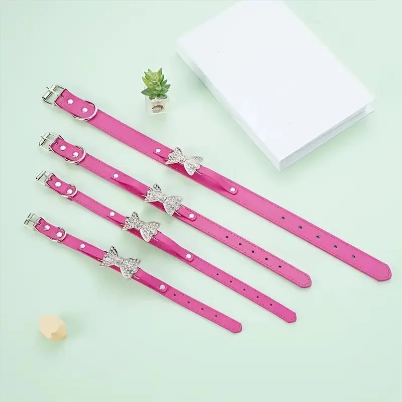 Crystal Bow Tie Pet Collar Soft Leather Cat Small Dog Necklace