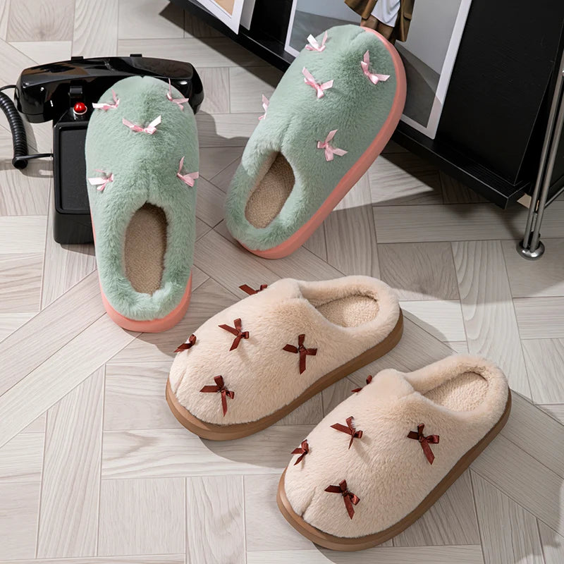 Fashion Women's Bow Slippers Winter Indoor Home Warm Non-slip EVA